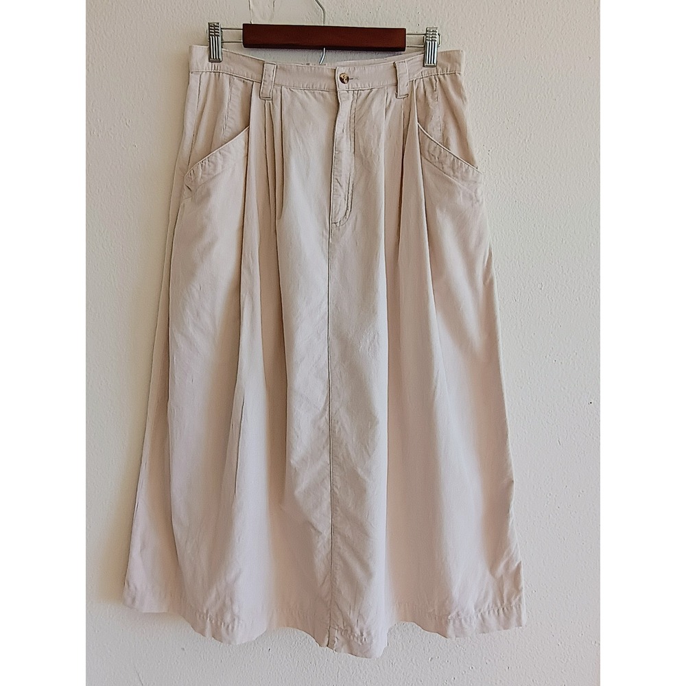 Eddie Bauer Cream Corduroy Pleated Maaxi Skirt Womens 14 Pockets 100% Cotton